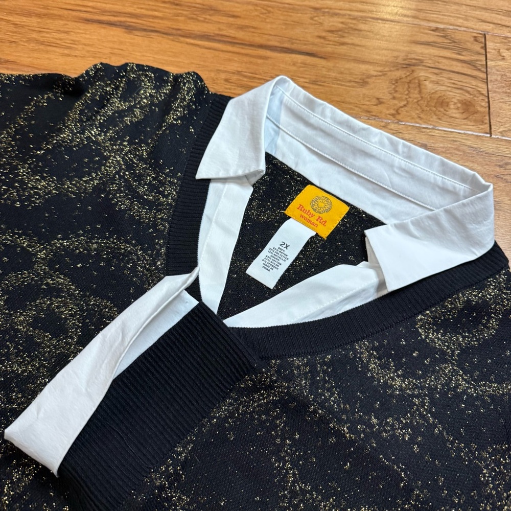 Ruby Rd. Black and Gold V-Neck Sweater - Picture 5 of 6